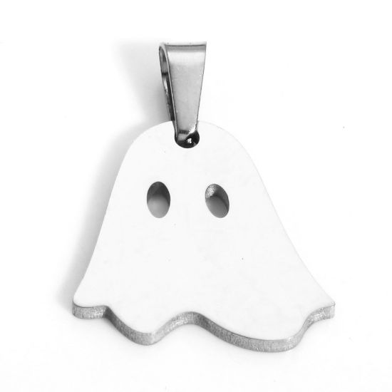 Picture of 1 Piece 304 Stainless Steel Charm Pendant Silver Tone Halloween Ghost 23mm x 16.5mm