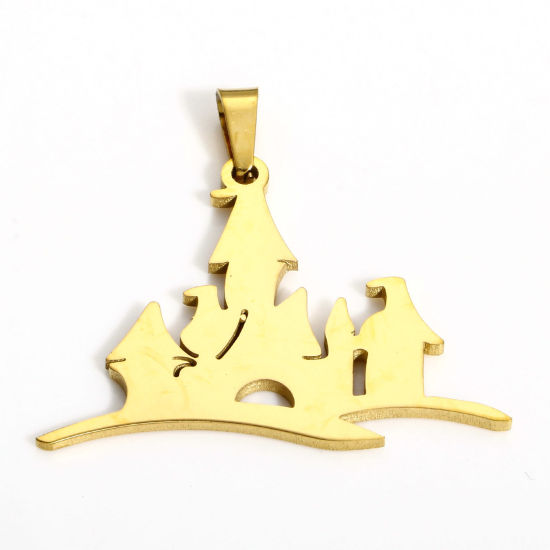 Picture of 1 Piece Vacuum Plating 304 Stainless Steel Pendants 18K Gold Plated Halloween Haunted House 3.3cm x 3cm