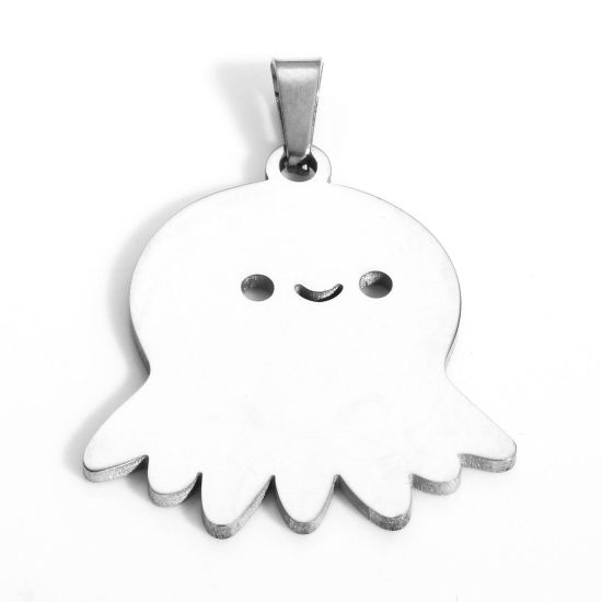 Picture of 1 Piece 304 Stainless Steel Pendants Silver Tone Halloween Ghost Octopus 3.2cm x 2.5cm