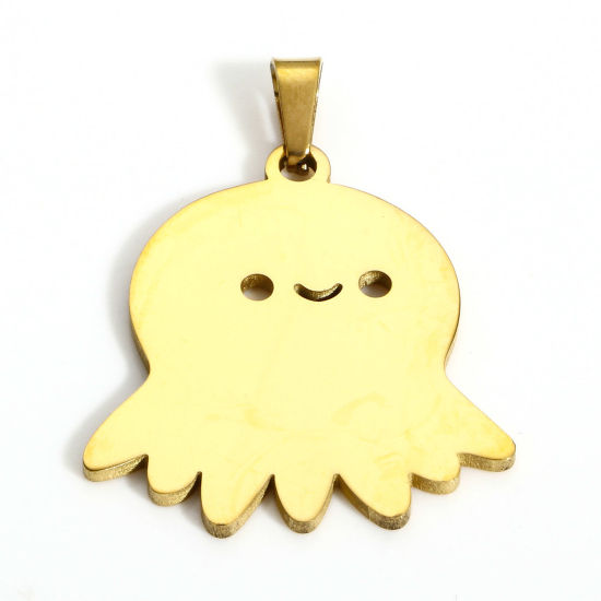 Picture of 1 Piece Vacuum Plating 304 Stainless Steel Pendants 18K Gold Plated Halloween Ghost Octopus 3.2cm x 2.5cm