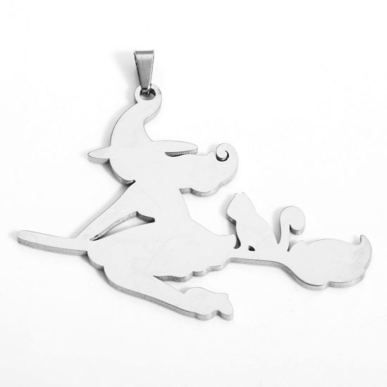 Picture of 1 Piece 304 Stainless Steel Pendants Silver Tone Halloween Witch 5cm x 4.6cm