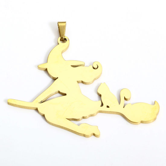 Picture of 1 Piece Vacuum Plating 304 Stainless Steel Pendants 18K Gold Plated Halloween Witch 5cm x 4.6cm