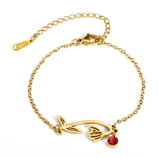 Image de 1 Pièce Bracelets Chaîne Maille Forçat Pierres de Naissance en 304 Acier Inoxydable & Strass Revêtement sous Vide PVD Respectueux de l'Environnement Exquis Plaqué Or 18K Fuchsia janvier Fleur de Perce-neige Pour Femmes Cadeau 16cm long