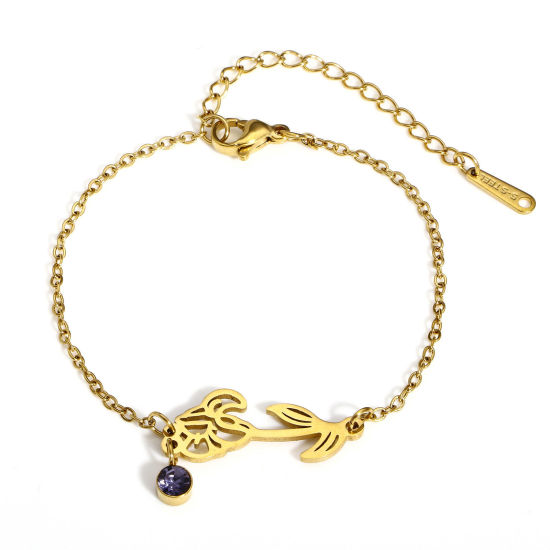 Image de 1 Pièce Bracelets Chaîne Maille Forçat Pierres de Naissance en 304 Acier Inoxydable & Strass Revêtement sous Vide PVD Respectueux de l'Environnement Exquis Plaqué Or 18K Violet février Fleur Iris Pour Femmes Cadeau 16cm long