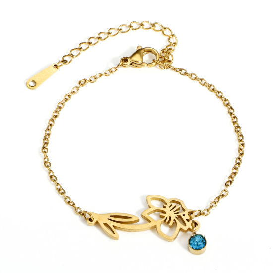 Image de 1 Pièce Bracelets Chaîne Maille Forçat Pierres de Naissance en 304 Acier Inoxydable & Strass Revêtement sous Vide PVD Respectueux de l'Environnement Exquis Plaqué Or 18K Bleu Lac mars Fleur de Jonquille Pour Femmes Cadeau 16cm long