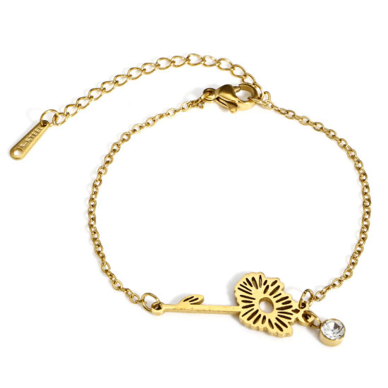 Image de 1 Pièce Bracelets Chaîne Maille Forçat Pierres de Naissance en 304 Acier Inoxydable & Strass Revêtement sous Vide PVD Respectueux de l'Environnement Exquis Plaqué Or 18K Transparent avril Marguerite Pour Femmes Cadeau 16cm long
