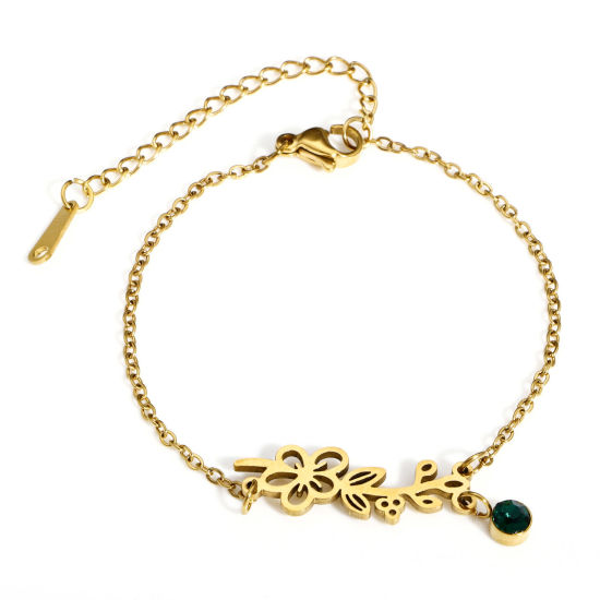 Image de 1 Pièce Bracelets Chaîne Maille Forçat Pierres de Naissance en 304 Acier Inoxydable & Strass Revêtement sous Vide PVD Respectueux de l'Environnement Exquis Plaqué Or 18K Émeraude mai Fleur d'Aubépine Pour Femmes Cadeau 16cm long