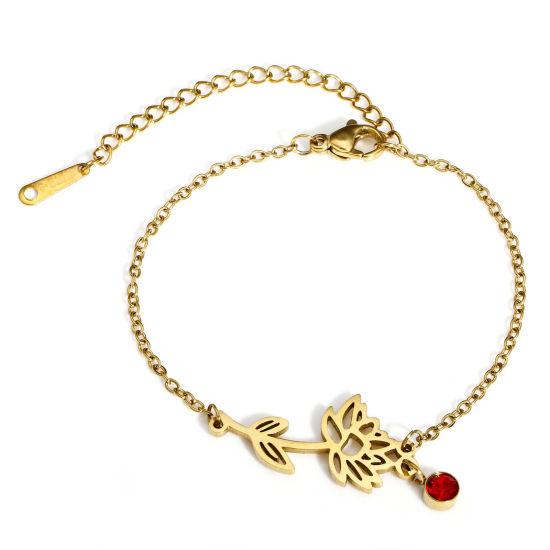 Image de 1 Pièce Bracelets Chaîne Maille Forçat Pierres de Naissance en 304 Acier Inoxydable & Strass Revêtement sous Vide PVD Respectueux de l'Environnement Exquis Plaqué Or 18K Rouge juillet Fleur de Nénuphar Pour Femmes Cadeau 16cm long