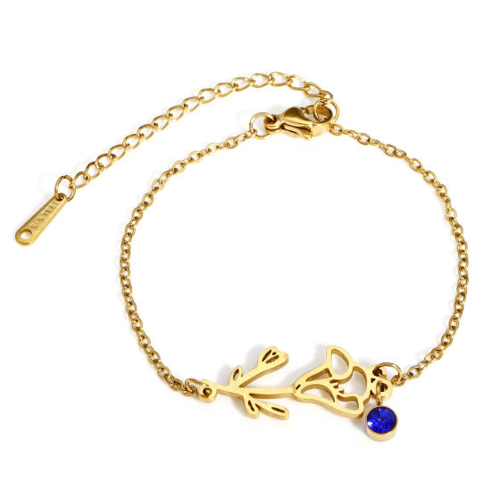 Image de 1 Pièce Bracelets Chaîne Maille Forçat Pierres de Naissance en 304 Acier Inoxydable & Strass Revêtement sous Vide PVD Respectueux de l'Environnement Exquis Plaqué Or 18K Saphir septembre Fleur Belle-de-Jour Pour Femmes Cadeau 16cm long