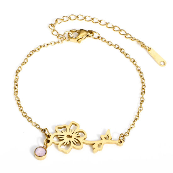 Image de 1 Pièce Bracelets Chaîne Maille Forçat Pierres de Naissance en 304 Acier Inoxydable & Strass Revêtement sous Vide PVD Respectueux de l'Environnement Exquis Plaqué Or 18K Rose octobre Fleur Cosmos Pour Femmes Cadeau 16cm long