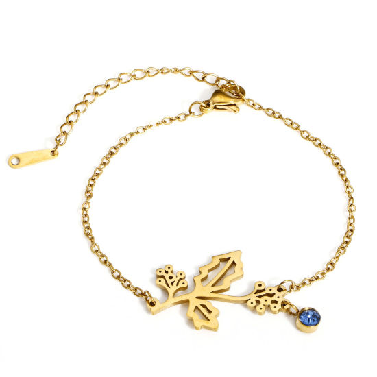 Image de 1 Pièce Bracelets Chaîne Maille Forçat Pierres de Naissance en 304 Acier Inoxydable & Strass Revêtement sous Vide PVD Respectueux de l'Environnement Exquis Plaqué Or 18K Bleu décembre Feuille de Houx de Noël Pour Femmes Cadeau 16cm long