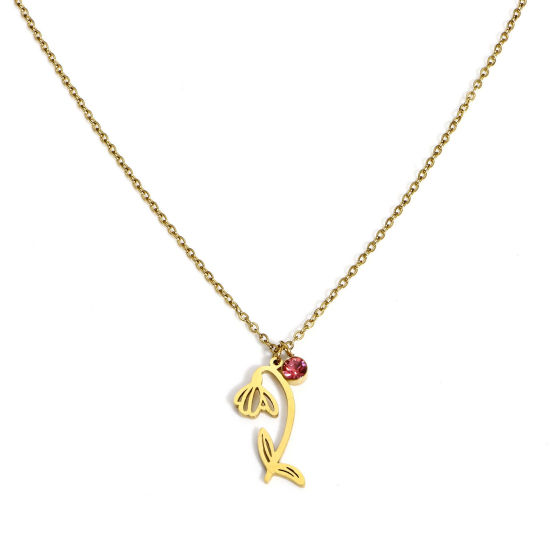 Immagine di 1 Pz Placcatura Sottovuoto 304 Acciaio Inossidabile Fiore del Mese di Nascita Cavo Catena Collana Placcato Oro 18K Gennaio Bucaneve Rosso Prugna Strass 44cm Lunghezza