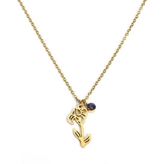 Immagine di 1 Pz Placcatura Sottovuoto 304 Acciaio Inossidabile Fiore del Mese di Nascita Cavo Catena Collana Placcato Oro 18K Febbraio Fiore dell'Iride Ametista Strass 44cm Lunghezza
