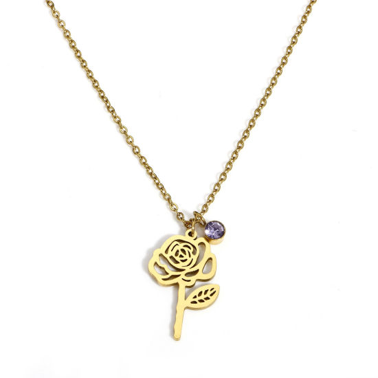Immagine di 1 Pz Placcatura Sottovuoto PVD Ecologica Squisito Fiore del Mese di Nascita Placcato Oro 18K 304 Acciaio Inossidabile Catena a Cavo Giugno Rosa Collana Per Donne Regalo 44cm Lunghezza