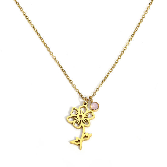 Immagine di 1 Pz Placcatura Sottovuoto 304 Acciaio Inossidabile Fiore del Mese di Nascita Cavo Catena Collana Placcato Oro 18K Ottobre Fiore del Cosmo Roso Strass 44cm Lunghezza