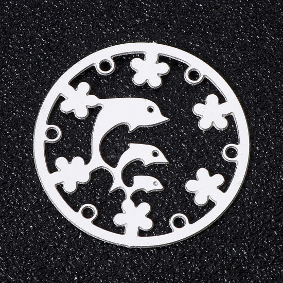 Picture of 5 PCs 304 Stainless Steel Filigree Stamping Pendants Silver Tone Round Dolphin Hollow 25mm x 25mm