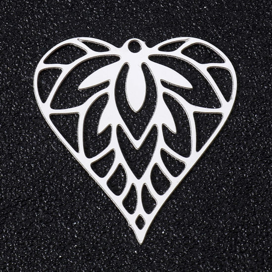 Picture of 5 PCs 304 Stainless Steel Filigree Stamping Pendants Silver Tone Heart Hollow 30mm x 28mm
