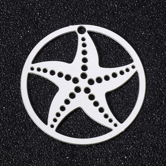 Picture of 5 PCs 304 Stainless Steel Filigree Stamping Pendants Silver Tone Round Star Fish Hollow 30mm x 30mm