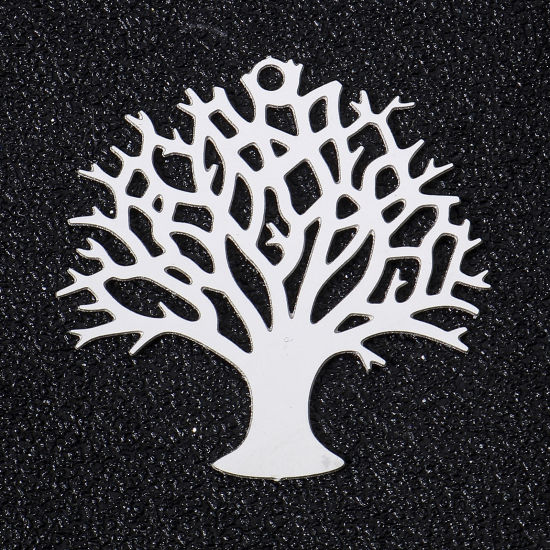 Picture of 5 PCs 304 Stainless Steel Filigree Stamping Pendants Silver Tone Tree Hollow 30mm x 29mm