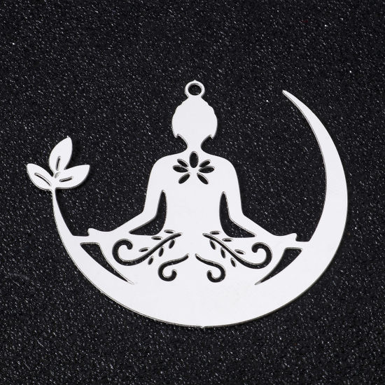 Picture of 5 PCs 304 Stainless Steel Filigree Stamping Pendants Silver Tone Yoga Moon Hollow 40mm x 38mm