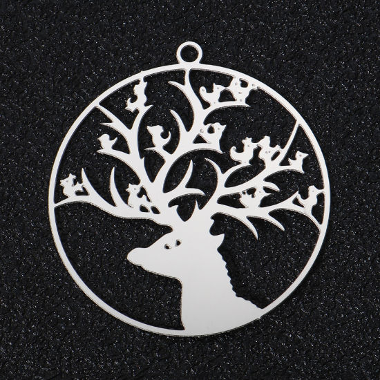 Picture of 5 PCs 304 Stainless Steel Filigree Stamping Pendants Silver Tone Round Christmas Reindeer Hollow 41mm x 38mm