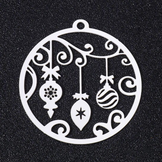 Picture of 5 PCs 304 Stainless Steel Filigree Stamping Pendants Silver Tone Round Candy Hollow 50mm x 47mm