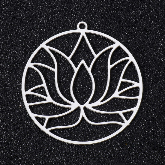 Picture of 5 PCs 304 Stainless Steel Filigree Stamping Pendants Silver Tone Round Lotus Flower Hollow 33mm x 31mm