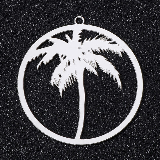 Picture of 5 PCs 304 Stainless Steel Filigree Stamping Pendants Silver Tone Round Coconut Palm Tree Hollow 32mm x 30mm