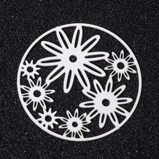 Bild von 5 Stück 304 Edelstahl Filigran Stempel Verzierung Anhänger Rund Silberfarbe Blumen Hohl 35mm x 35mm
