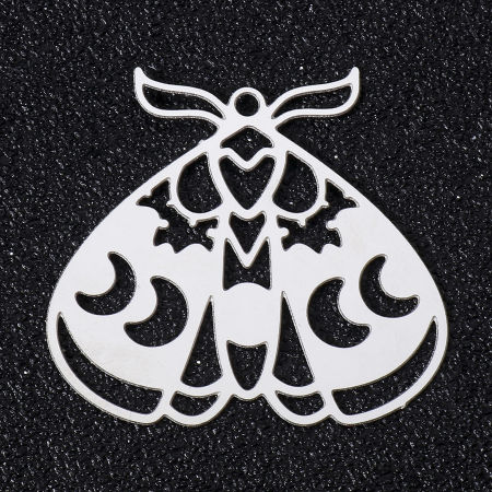 Picture of 5 PCs 304 Stainless Steel Filigree Stamping Pendants Silver Tone Insect Animal Hollow 28mm x 30mm