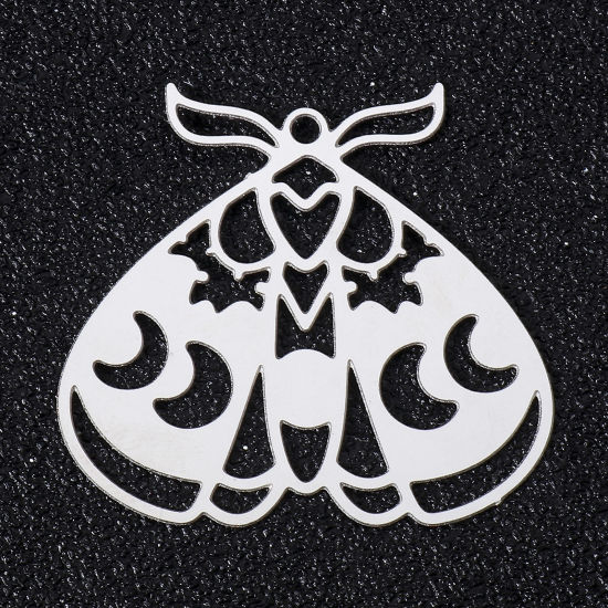 Picture of 5 PCs 304 Stainless Steel Filigree Stamping Pendants Silver Tone Insect Animal Hollow 28mm x 30mm