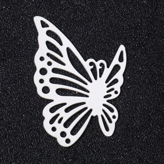 Picture of 5 PCs 304 Stainless Steel Filigree Stamping Pendants Silver Tone Butterfly Animal Hollow 42mm x 28mm