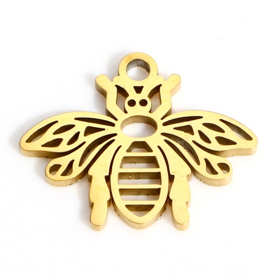 Picture of 1 Piece Eco-friendly PVD Vacuum Plating 316L Stainless Steel Insect Charms 18K Real Gold Plated Bee Animal Hollow 15mm x 12mm