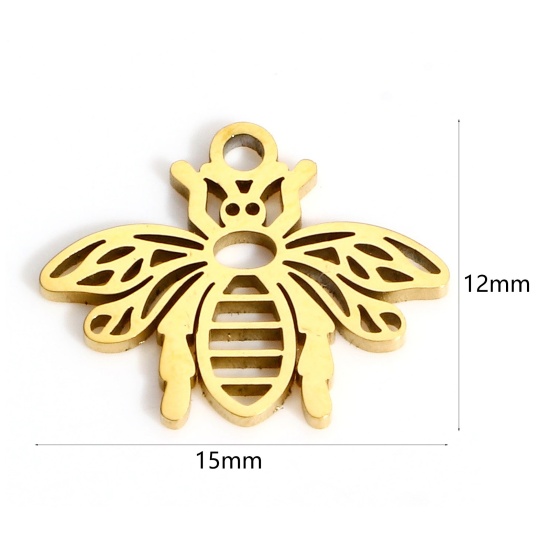 Picture of 1 Piece Eco-friendly PVD Vacuum Plating 316L Stainless Steel Insect Charms 18K Real Gold Plated Bee Animal Hollow 15mm x 12mm