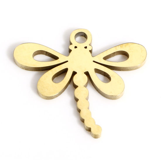 Picture of 1 Piece Eco-friendly PVD Vacuum Plating 316L Stainless Steel Insect Charms 18K Real Gold Plated Dragonfly Animal Hollow 14.5mm x 13mm