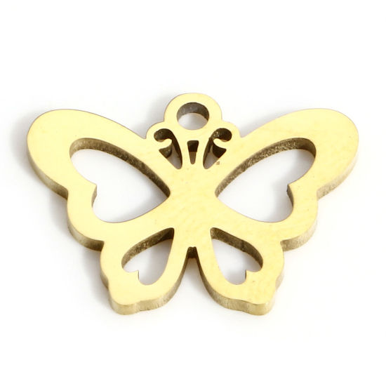 Picture of 1 Piece Eco-friendly PVD Vacuum Plating 316L Stainless Steel Insect Charms 18K Real Gold Plated Butterfly Animal Hollow 15mm x 11mm