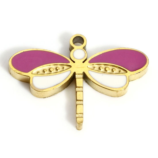 Picture of 1 Piece Eco-friendly PVD Vacuum Plating 316L Stainless Steel Insect Charms 18K Real Gold Plated White & Purple Dragonfly Animal Enamel 15.5mm x 11mm