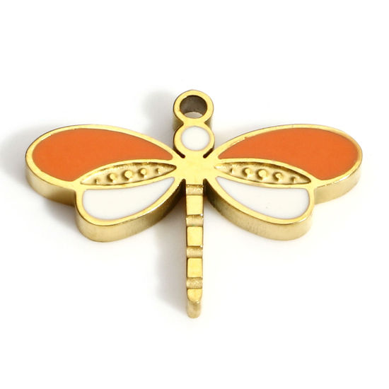 Picture of 1 Piece Eco-friendly PVD Vacuum Plating 316L Stainless Steel Insect Charms 18K Real Gold Plated White & Orange Dragonfly Animal Enamel 15.5mm x 11mm