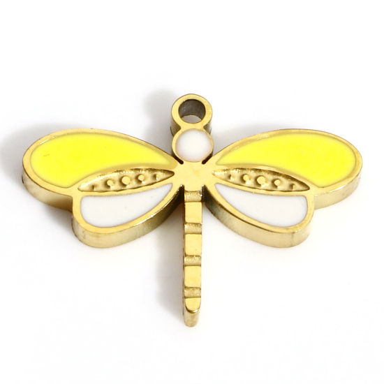 Picture of 1 Piece Eco-friendly PVD Vacuum Plating 316L Stainless Steel Insect Charms 18K Real Gold Plated White & Yellow Dragonfly Animal Enamel 15.5mm x 11mm