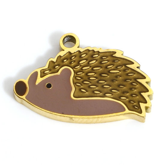 Picture of 1 Piece Eco-friendly PVD Vacuum Plating 316L Stainless Steel Cute Charms 18K Real Gold Plated Brown Hedgehog Enamel 16mm x 10mm