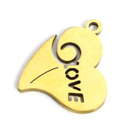 Picture of 1 Piece Eco-friendly PVD Vacuum Plating Waterproof Anti-Tarnish Hypoallergenic 316L Stainless Steel Valentine's Day Charms 18K Real Gold Plated Heart Message " LOVE " Hollow 17mm x 14mm