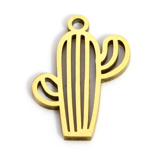 Immagine di 2 Pz Placcatura Sottovuoto PVD Ecologica 316L Acciaio inossidabile Stile Pastorale Ciondoli Cactus 18K Vero Oro Placcato Filigrana 17.5mm x 12mm