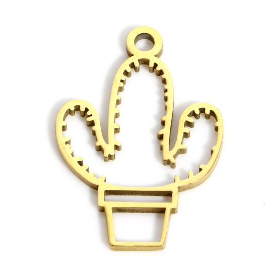 Immagine di 2 Pz Placcatura Sottovuoto PVD Ecologica 316L Acciaio inossidabile Stile Pastorale Ciondoli Cactus 18K Vero Oro Placcato Pianta in Caso Filigrana 20.5mm x 13.5mm