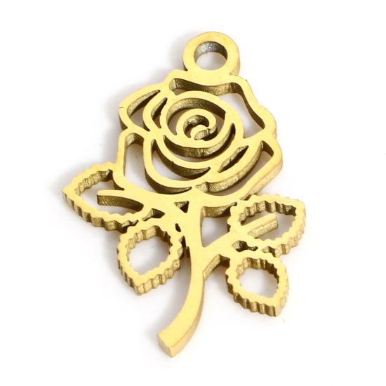 Immagine di 2 Pz Placcatura Sottovuoto PVD Ecologica 316L Acciaio inossidabile Stile Pastorale Ciondoli Rosa 18K Vero Oro Placcato Filigrana 16.5mm x 11mm