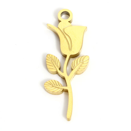 Immagine di 2 Pz Placcatura Sottovuoto PVD Ecologica 316L Acciaio inossidabile Stile Pastorale Ciondoli Rosa 18K Vero Oro Placcato 24mm x 8.5mm