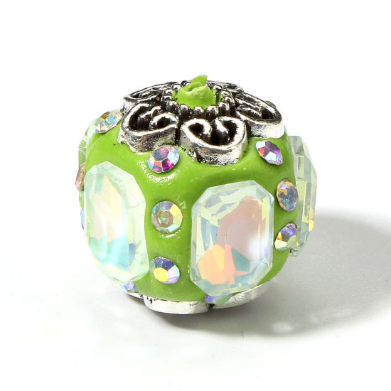 Picture of 2 PCs Polymer Clay Beads For DIY Jewelry Making Ball Green AB Color Rhinestone About 17mm Dia, Hole: Approx 1.8mm