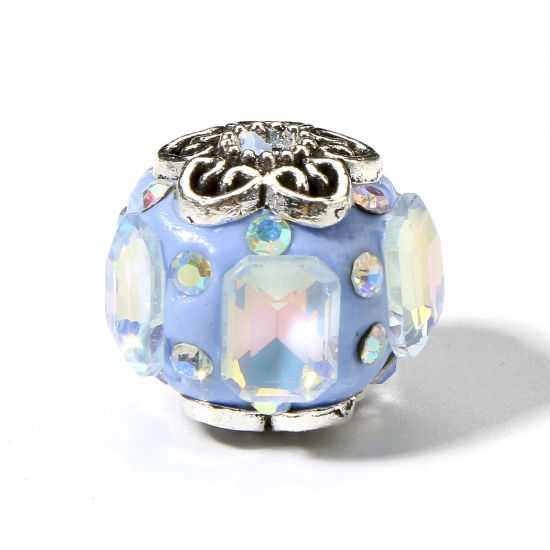 Picture of 2 PCs Polymer Clay Beads For DIY Jewelry Making Ball Blue AB Color Rhinestone About 17mm Dia, Hole: Approx 1.8mm