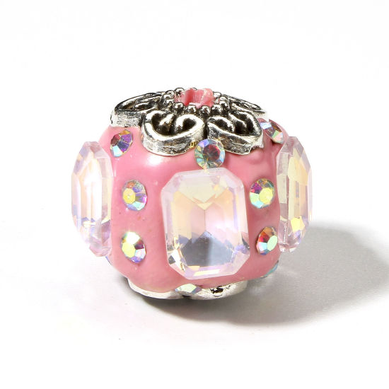 Picture of 2 PCs Polymer Clay Beads For DIY Jewelry Making Ball Pink AB Color Rhinestone About 17mm Dia, Hole: Approx 1.8mm
