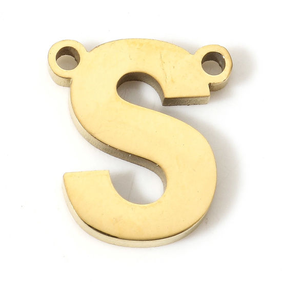 Picture of 5 PCs 304 Stainless Steel Connectors Charms Pendants Gold Plated Capital Alphabet/ Letter Message " S " 11mm x 10mm