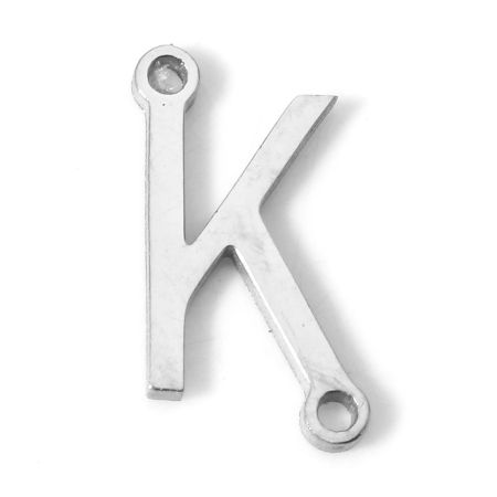 Picture of 5 PCs 304 Stainless Steel Connectors Charms Pendants Silver Tone Capital Alphabet/ Letter Message " K " 12mm x 6mm